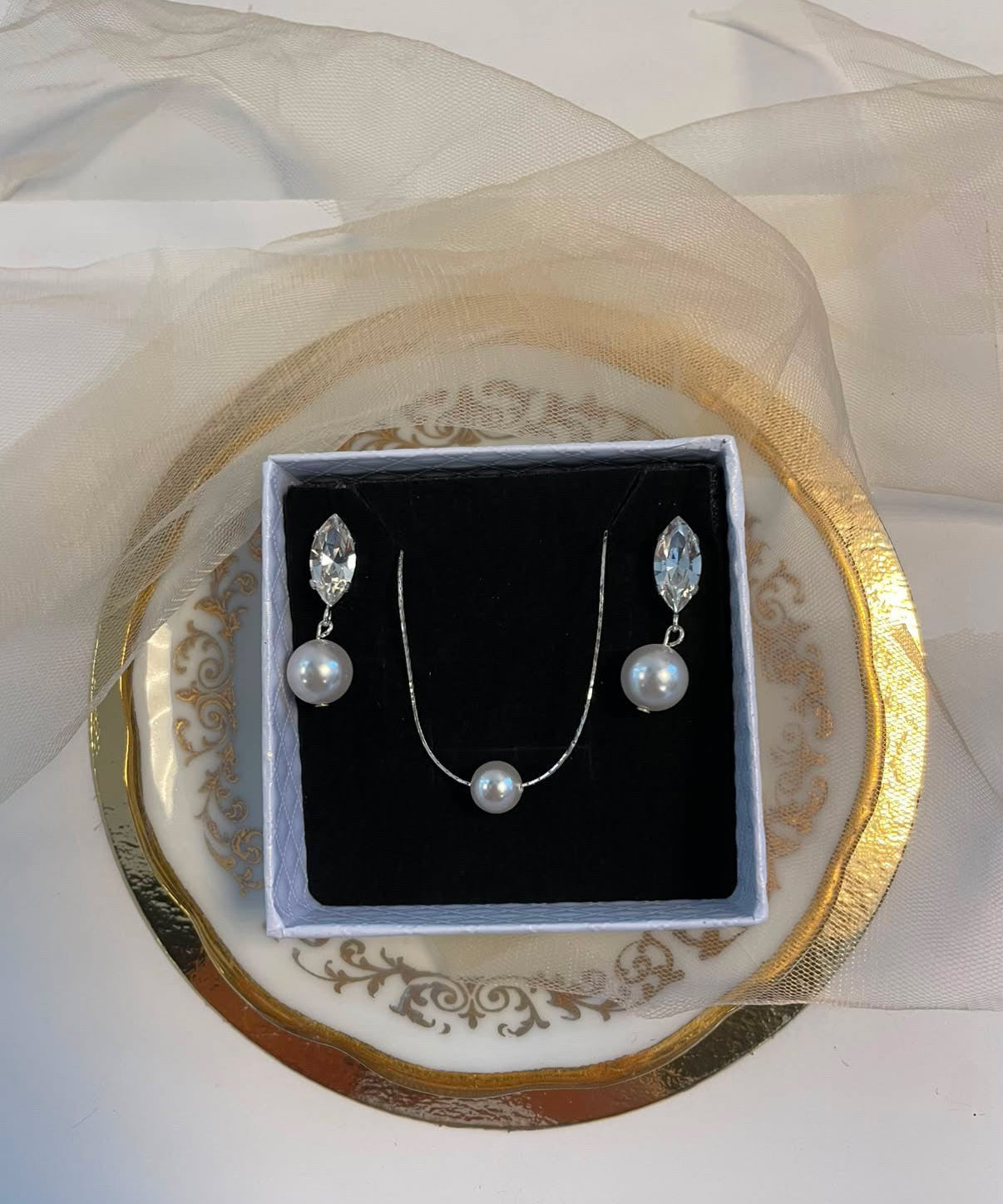 Parure  Mariage en argent 925  Strass & Perles Nacrées