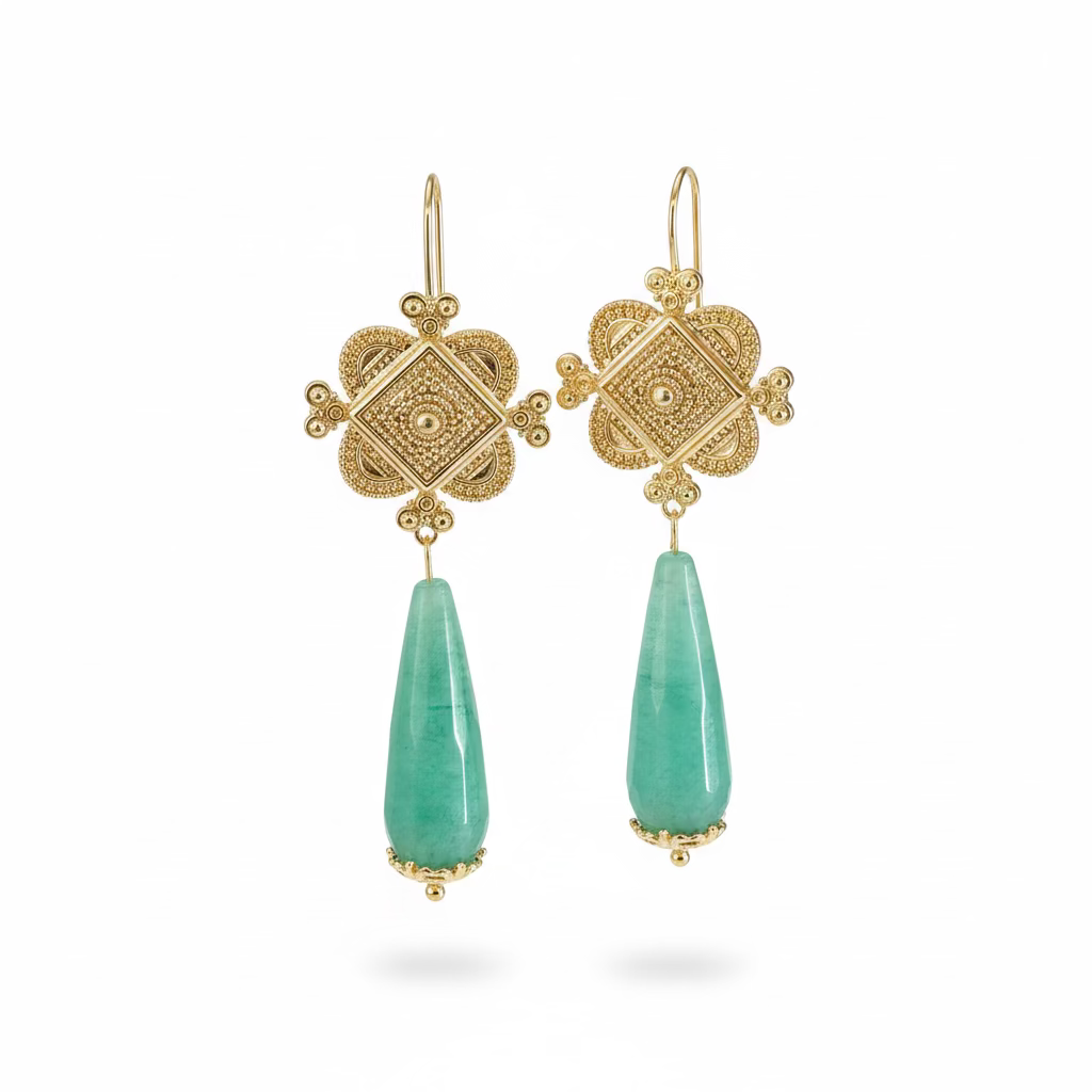 Boucles d’Oreilles orientale vintage style marocain oriental plaqué or et Aventurine