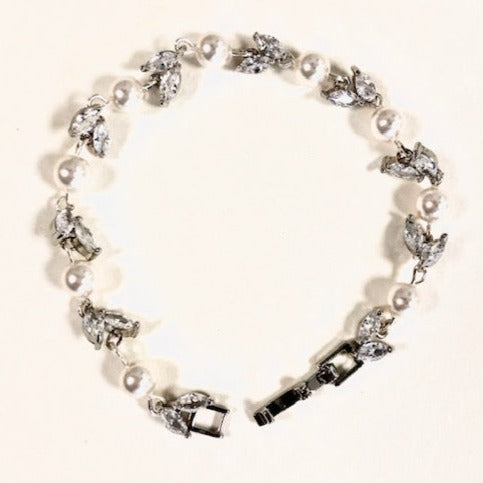Bracelet de mariage Feuillage en Zircone et perles nacrées blanches