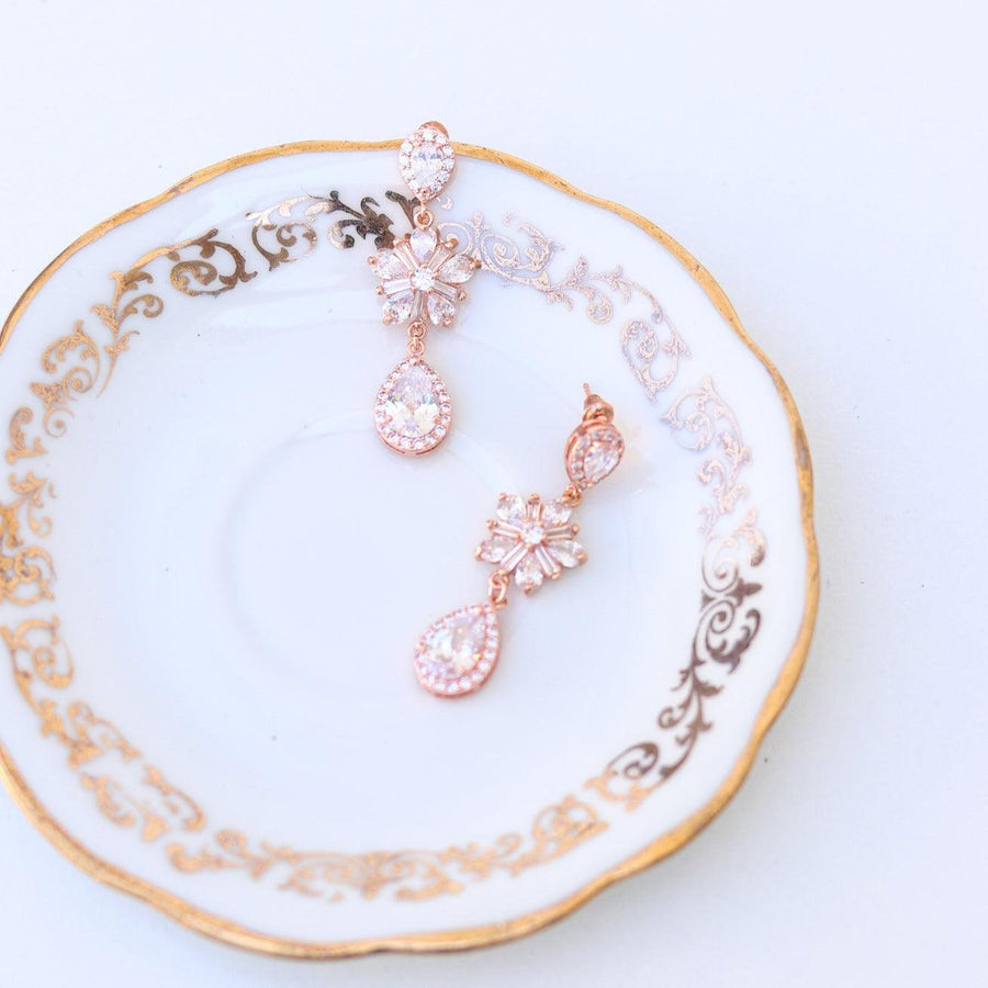 Boucles d'oreilles de  mariage avec  goutte en zircon Bohème plaqué or rose