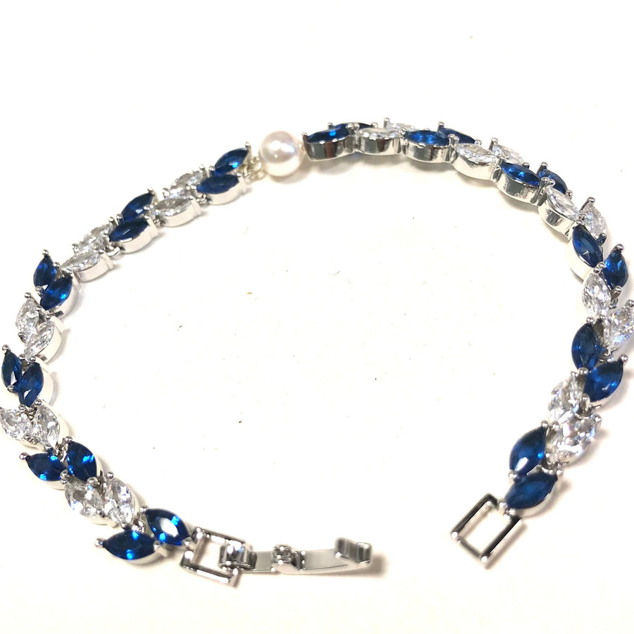 Bracelet de mariage bleu et argent Feuillage et perles