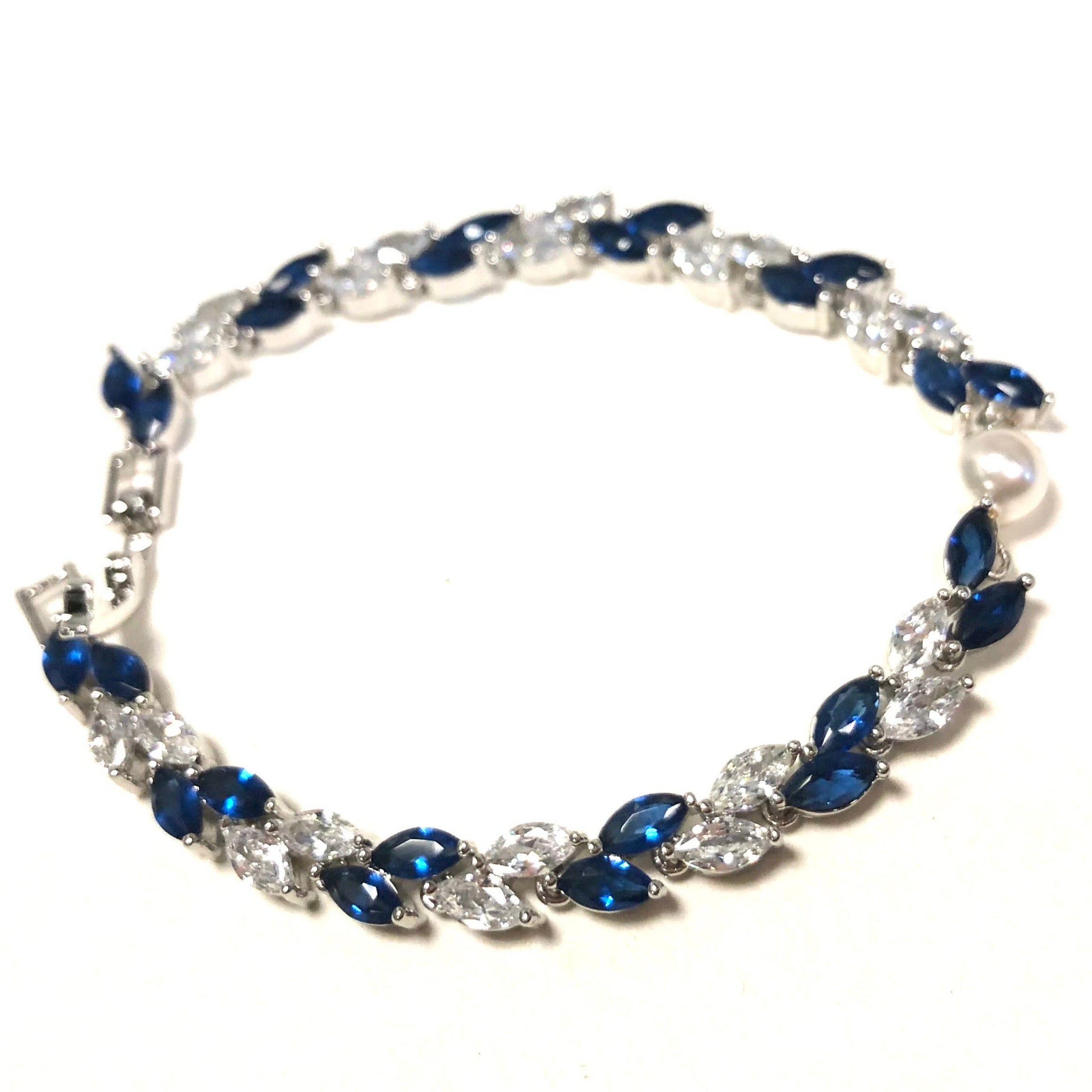 Bracelet de mariage bleu et argent Feuillage et perles