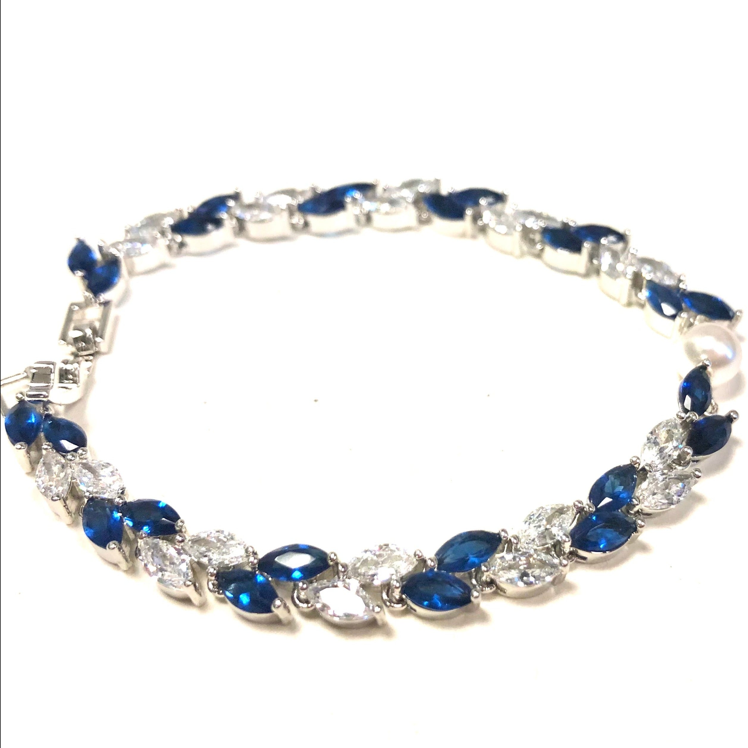 Bracelet de mariage bleu et argent Feuillage et perles