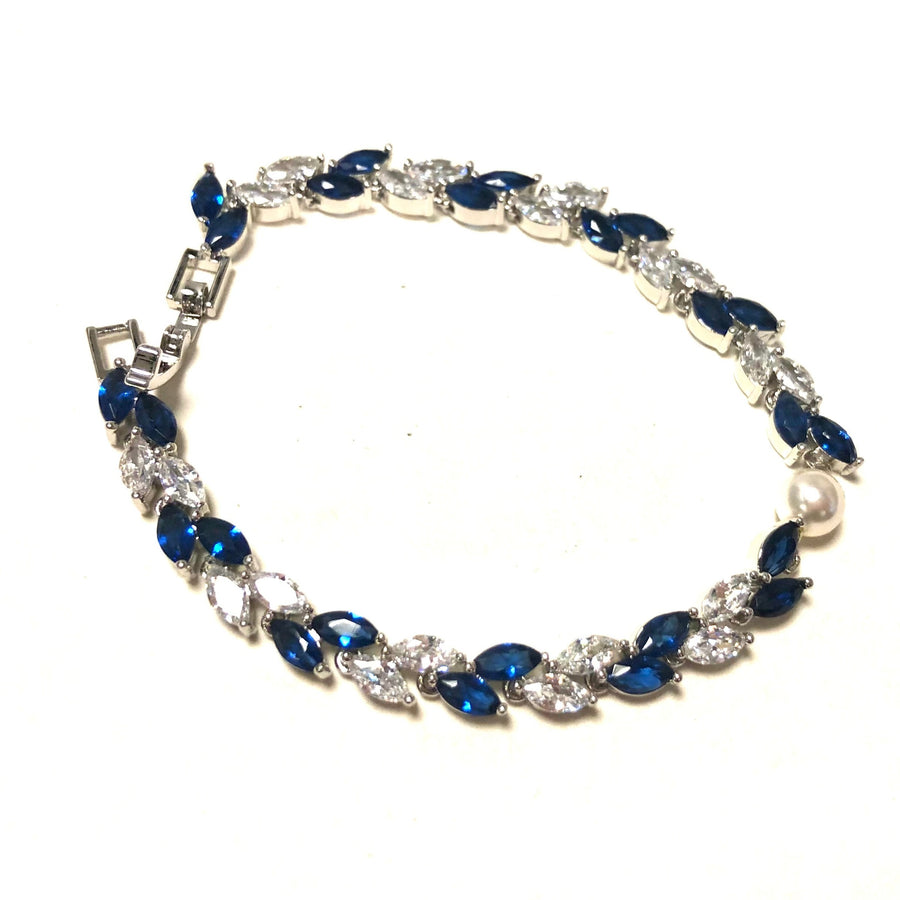 Bracelet de mariage bleu et argent Feuillage et perles