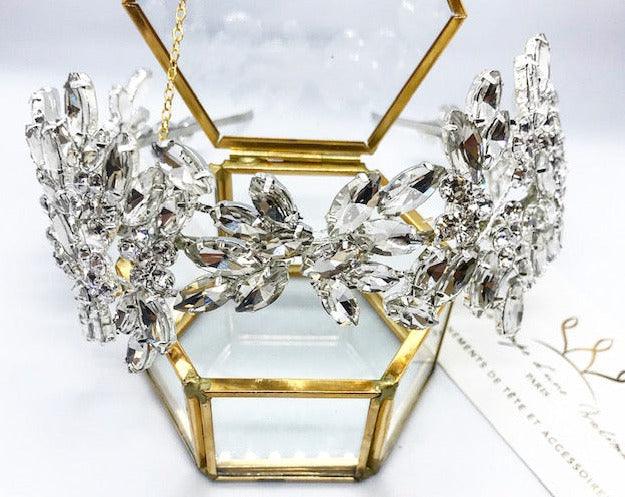 Serre-tête mariage feuillage strass argent