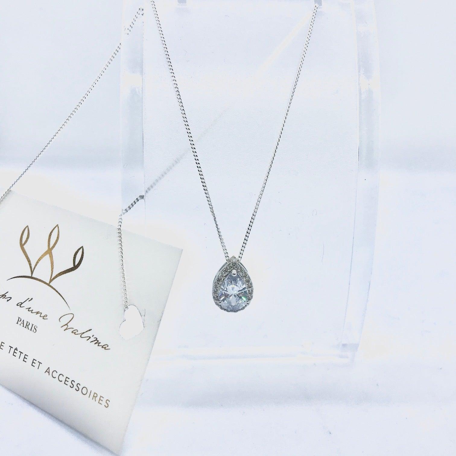 Collier de mariage fine chaîne en argent véritable  et goutte en zircon 