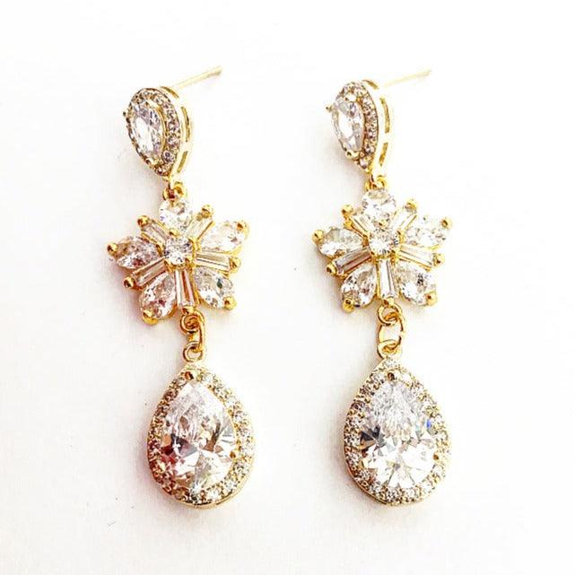 Boucles d'oreilles de  mariage avec  goutte en zircon Bohème plaqué or jaune
