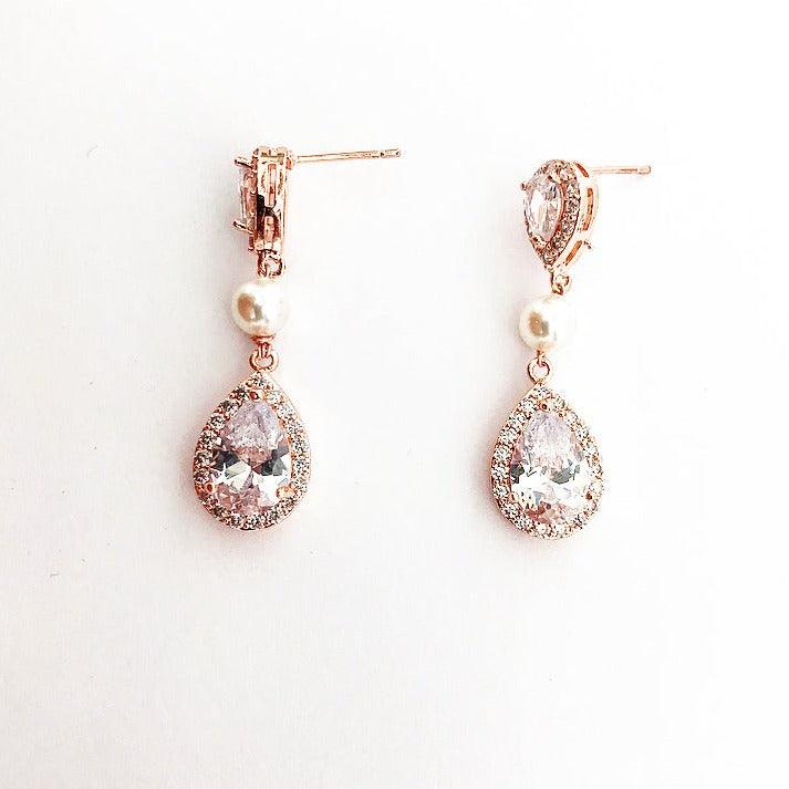Boucles d'oreilles de mariage zircon et perles les précieuses