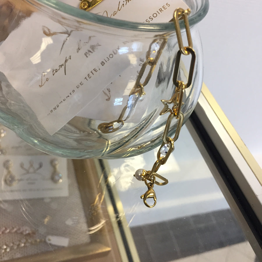 Gourmette dorée en acier inoxydable perles nacrées et cristaux Swarovski ® - Le Temps d'une Walima